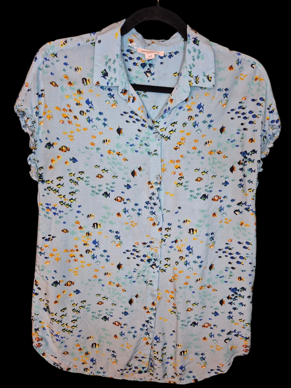 Light Blue Short-Sleeve Button-Down with Multicolor Fish Print